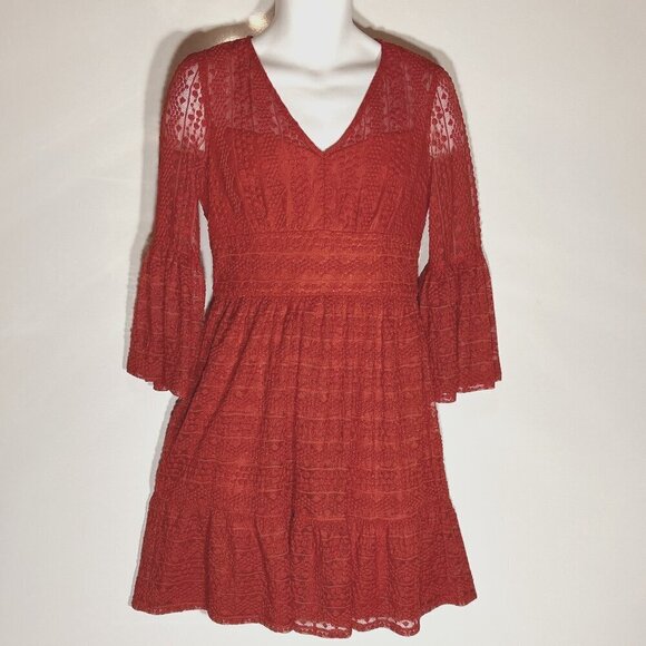 London Times SZ 6 Rusty Red Lace Dress Boho Cottage Core Fairy Feminine - Picture 1 of 8